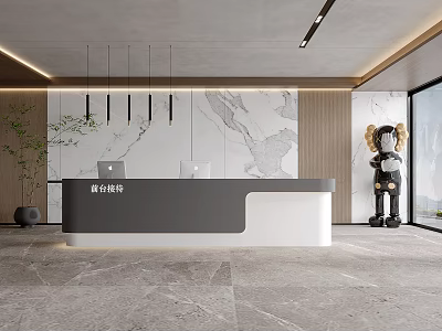 Modern Reception Desk Interior Design With Marble Counter Hanging Lights And Sculpture 3d model