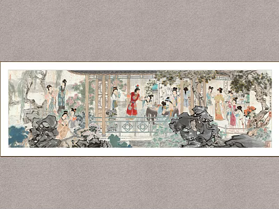 Traditional Chinese Figure Painting with Multiple Ancient Characters in Garden and Architectural Scenery 3d model