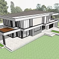 Modern Two Story Detached Villa With Large Windows Open Design Courtyard Lawn And Green Plants