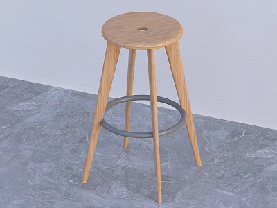 Modern Wooden Bar Stool With Round Seat And Metal Ring On Marble Floor 3d model