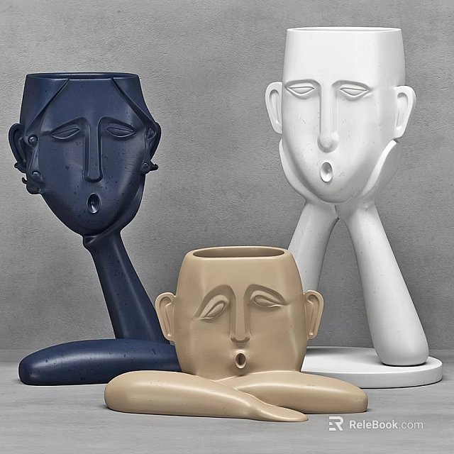 Stylish Shower Sauna Decor Featuring Abstract Face Sculptures In Blue White Beige 3d model 