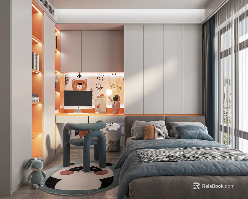 Modern Tatami Bedroom Interior With Tatami Bed Study Desk Cozy Rug And Window 3d model 