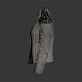 Elegant Gray Jacket With Black Lace Shoulder Details And Decorative Buttons