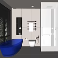 Modern Bathroom Interior Design With Blue Bathtub White Toilet Glass Shower And Wall Shelves