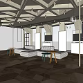 Modern Lounge Area With Beige Sofa Set Small Coffee Tables Geometric Ceiling And Hanging Lights