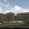 Classical European Hotel Building With Red Roof Symmetrical Design And Front Pond Garden