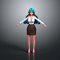 Woman Wearing White Shirt Brown Skirt Teal Long Hair Red High Heels Arms Outstretched