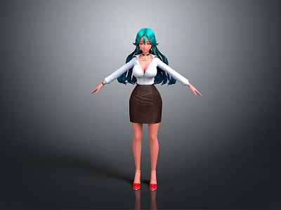 Woman Wearing White Shirt Brown Skirt Teal Long Hair Red High Heels Arms Outstretched 3d model