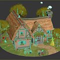 Cartoon Scene Featuring Thatched Roof House Pink Walls Green Trees Pathway Deer And Colorful Flags