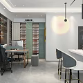 Modern Restaurant Interior With Pink Walls TV Screen White Table Black Chairs And Bookshelves