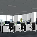 Spacious Public Office Space With Cubicles Computers Office Chairs Windows Plants And Ceiling Lights 3d model