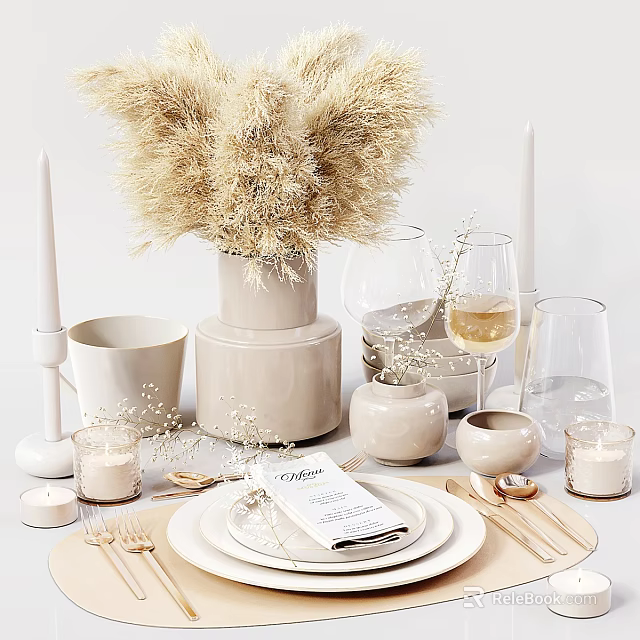 Elegant Tableware Set With Neutral Tones Candles And Dried Flowers 3d model