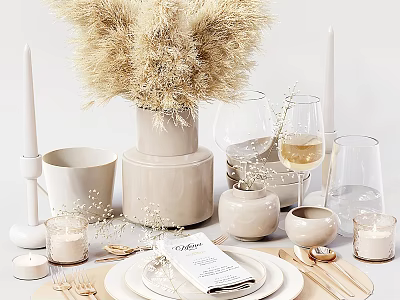 Elegant Tableware Set With Neutral Tones Candles And Dried Flowers 3d model