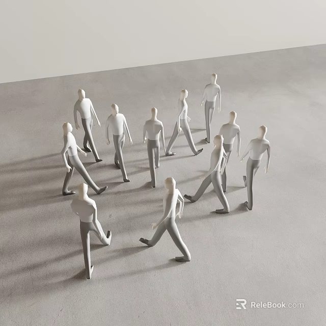 White Human Silhouettes on Gray Floor in Circular Arrangement with Various Walking Poses 3d model 