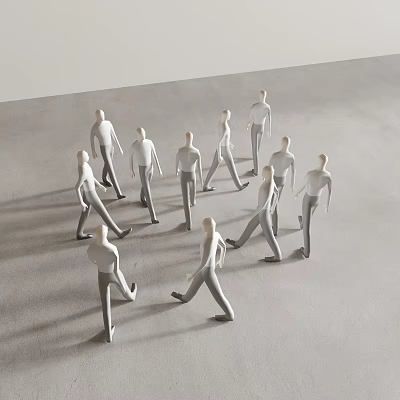 White Human Silhouettes on Gray Floor in Circular Arrangement with Various Walking Poses 3d model