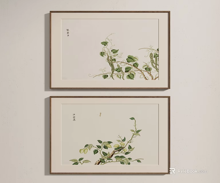 Minimalist Botanical Paintings With Green Leaves And Vine Branches Framed On Wall 3d model 