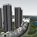 High Rise Modern Residential Buildings With River View Green Landscaping And Distant Mountains