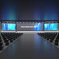 Modern Ballroom Interior With Large Screens Arranged Seats And Colorful Stage Lighting