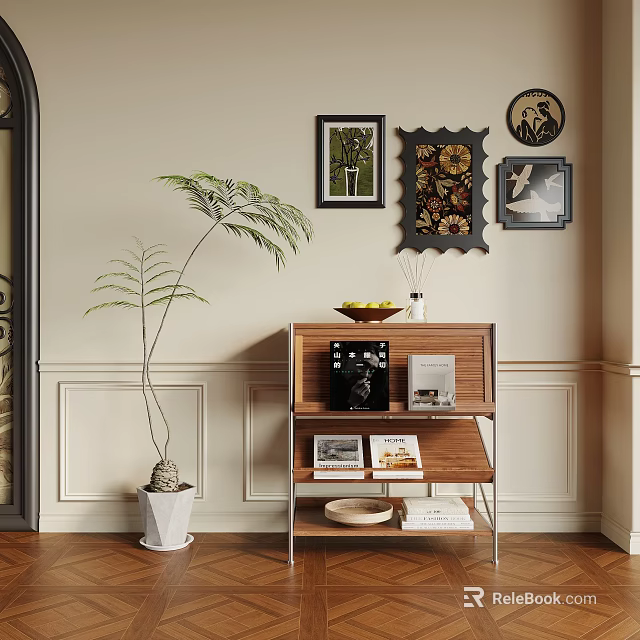 Stylish Entryway Side Cabinet With Potted Plant Decorative Frames Magazines And Books 3d model 