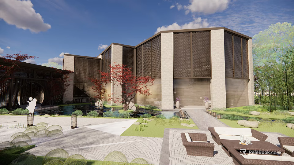 Modern Sales Office Building With Perforated Metal Screens Landscaped Garden And Outdoor Seating 3d model 