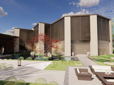 Modern Sales Office Building With Perforated Metal Screens Landscaped Garden And Outdoor Seating 3d model