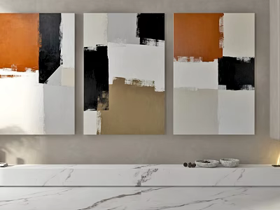 Modern Abstract Paintings With Orange Black White Beige Geometric Color Blocks On Wall 3d model