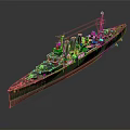 Detailed Military Warship Model Exterior With Deck Turrets Hull And Smokestack Details
