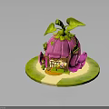 Tiny Elf Character By Whimsical Pink Mushroom House With Green Leaves And Grass Path