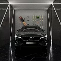 Green Sleek Car Displayed In Modern Showroom With Black Marble Floor And Wall Mounted Tools