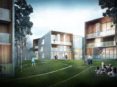 Modern Office Building Exterior With Wooden Glass Facade Green Lawn And People Activity 3d model