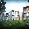 Modern Office Building Exterior With Wooden Glass Facade Green Lawn And People Activity