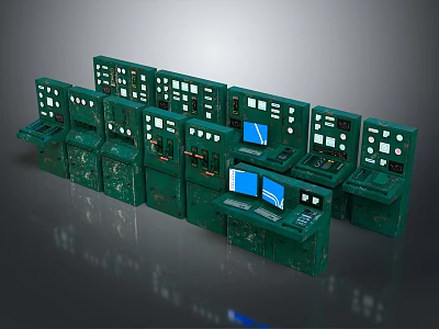 Row of Green Industrial Control Consoles With Multiple Displays And Panels 3d model