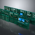 Row of Green Industrial Control Consoles With Multiple Displays And Panels