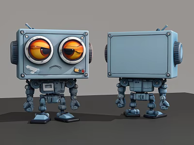 Two Blue Smart Robots Featuring Expressive Eyes Blank Screen And Cartoon Mechanical Design 3d model