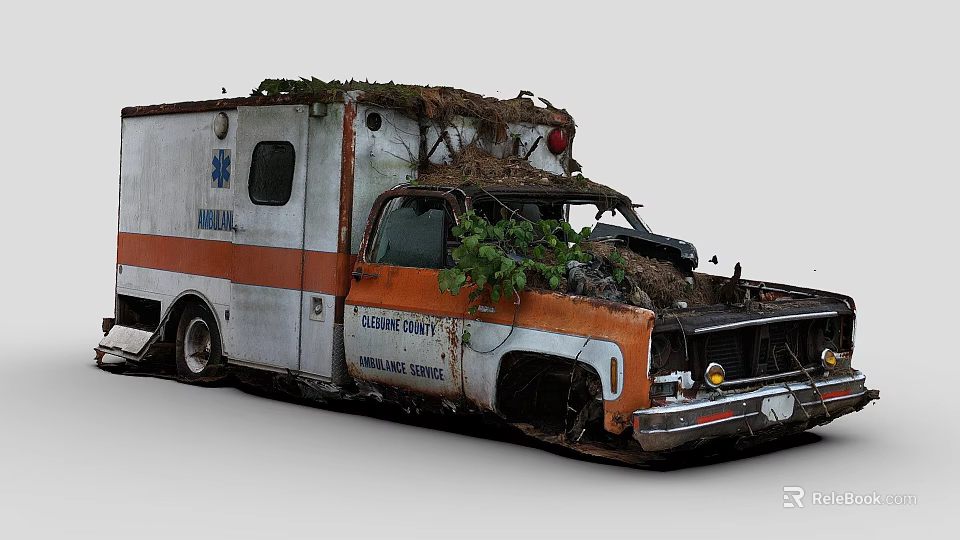 Old Rusty Abandoned Ambulance With Plants On Roof And Medical Service Logo 3d model 