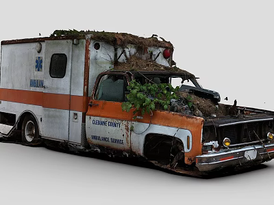 Old Rusty Abandoned Ambulance With Plants On Roof And Medical Service Logo 3d model