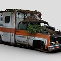 Old Rusty Abandoned Ambulance With Plants On Roof And Medical Service Logo