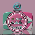 Fashionable Circular Display Shelf With Pink Green White Design And Cameras Books Cosmetics