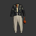 Traditional Dark Jacket With Floral Embroidery Light Inner Layer Beige Pants Red Bag