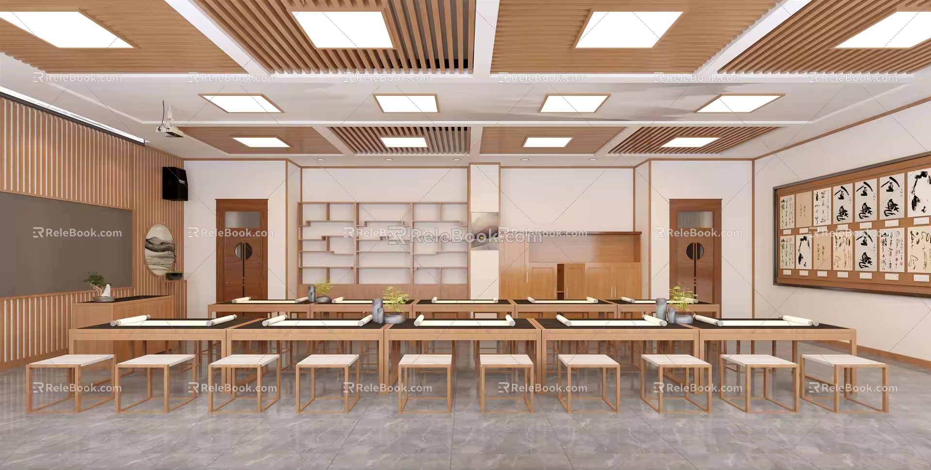 New Chinese Style Classroom Calligraphy Classroom 3d model