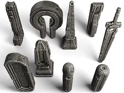 Mythical Stone Artifacts Collection Featuring Various Shapes And Intricate Carved Textures 3d model