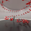 Red Bird Shaped Decorative Ornament Set Hanging And Scattered In White Curved Space