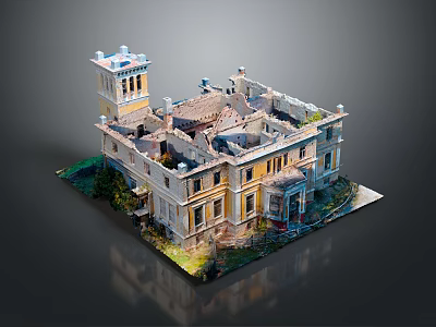 Cartoon Scene Featuring Dilapidated Yellow Building Model With Tower Damaged Roof Windows And Green Plants 3d model