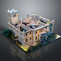 Cartoon Scene Featuring Dilapidated Yellow Building Model With Tower Damaged Roof Windows And Green Plants