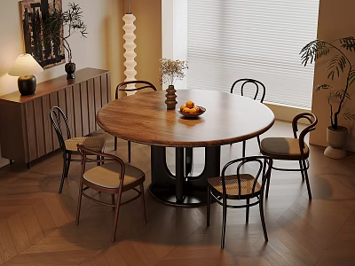 Modern Dining Area with Round Wooden Table Chairs Fruits Vase Lamp and Cabinet 3d model