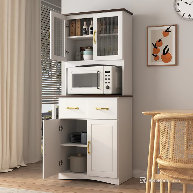 Modern White Sideboard with Glass Doors Gold Handles and Microwave in Dining Room 3d model 