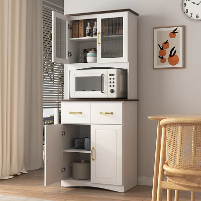 Modern White Sideboard with Glass Doors Gold Handles and Microwave in Dining Room 3d model