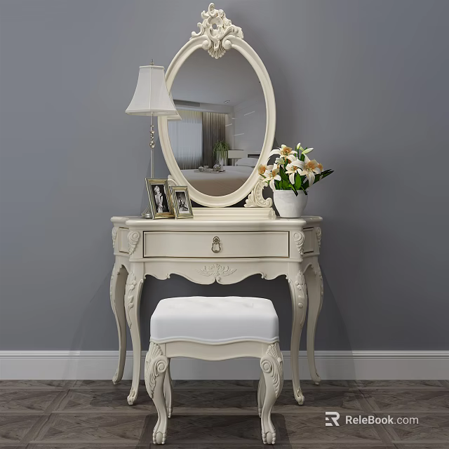 Elegant White Dressing Table With Oval Mirror Table Lamp Photo Frame And Matching Stool 3d model 