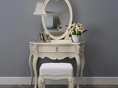 Elegant White Dressing Table With Oval Mirror Table Lamp Photo Frame And Matching Stool 3d model