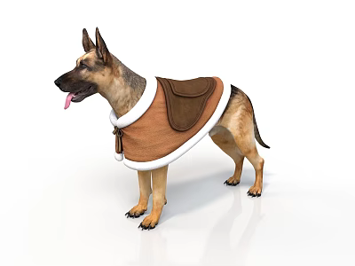 German Shepherd Dog Standing Wearing Brown Vest With White Trim On White Background 3d model